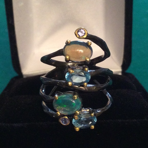 Genuine Opals & Blue Topaz Ring - Picture 2 of 14
